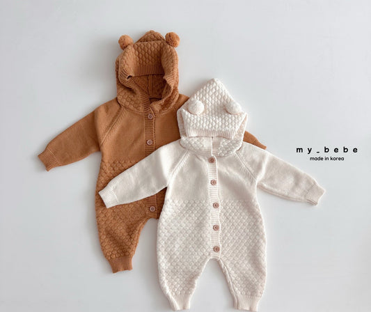 Pompom hooded knit onesie