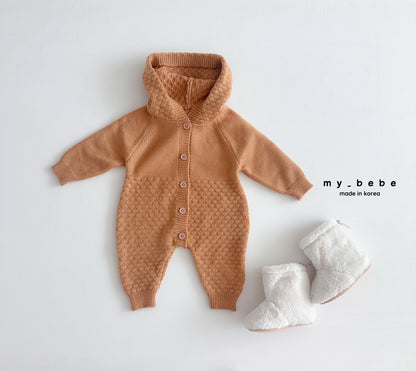 Pompom hooded knit onesie