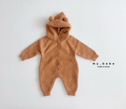 Pompom hooded knit onesie